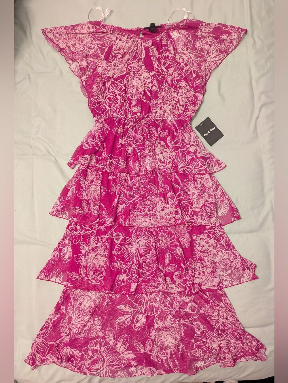 Fuschia Pink Floral Tiered Ruffle Midi Dress Size 4 NWT